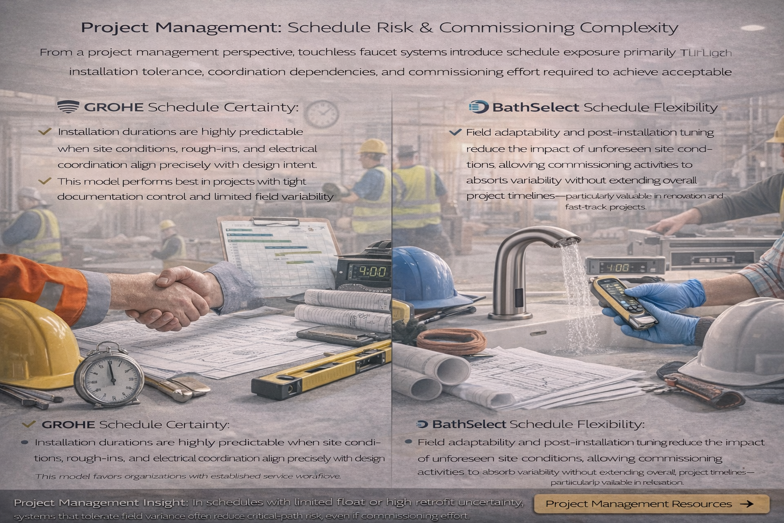 Project management schedule risk analysis illustrating installation predictability, commissioning effort, and impact on construction timelines
